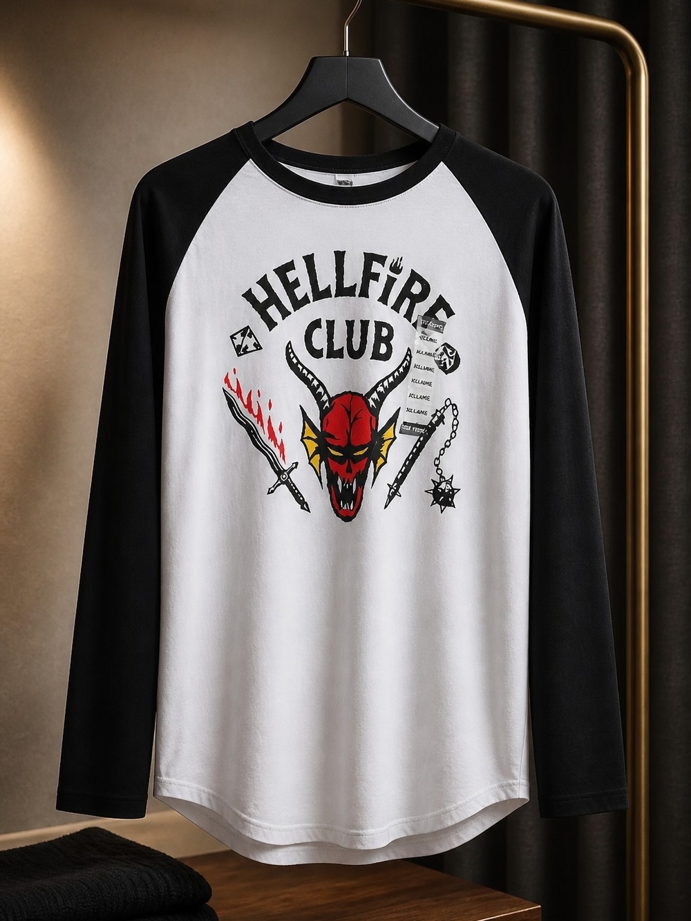 Hot Topic Black & White "Hellfire Club" Long Sleeve Raglan Tee